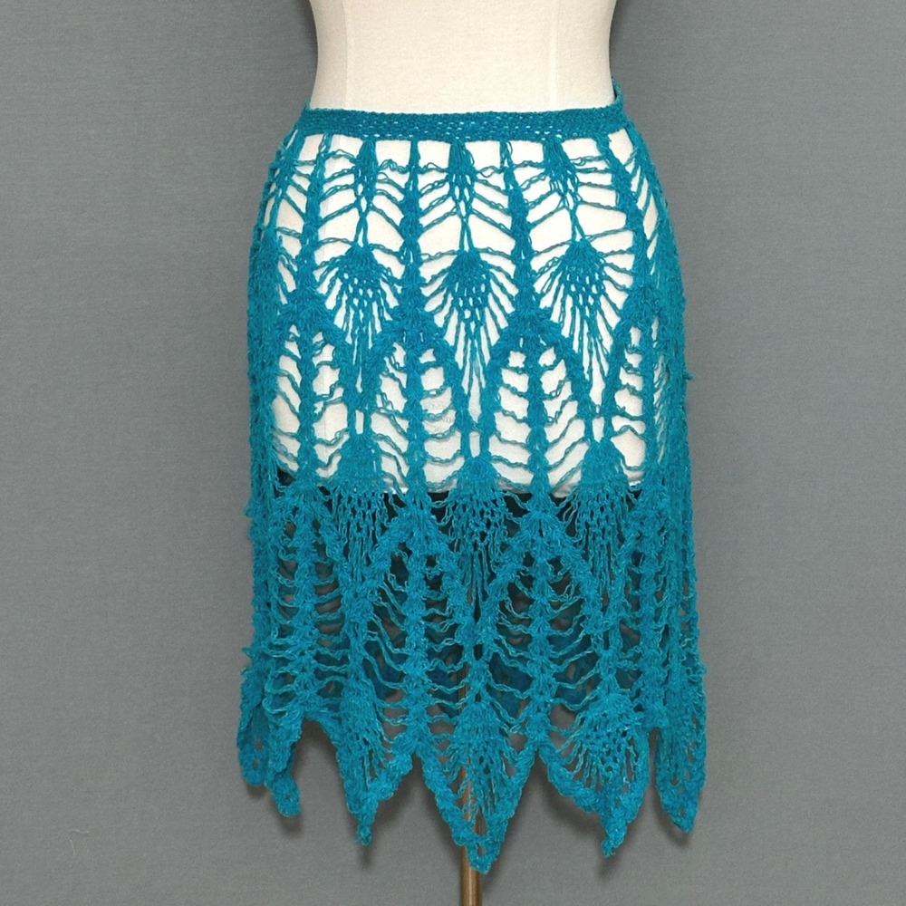 Teal Blue Crochet Open Knit Pineapple Skirt S Sharkbite Hem Beach Festival Boho
